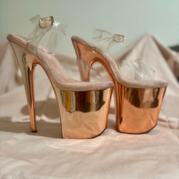 Rose Gold Pleaser Platform Heels with Clear Straps - Picture 1 of 5